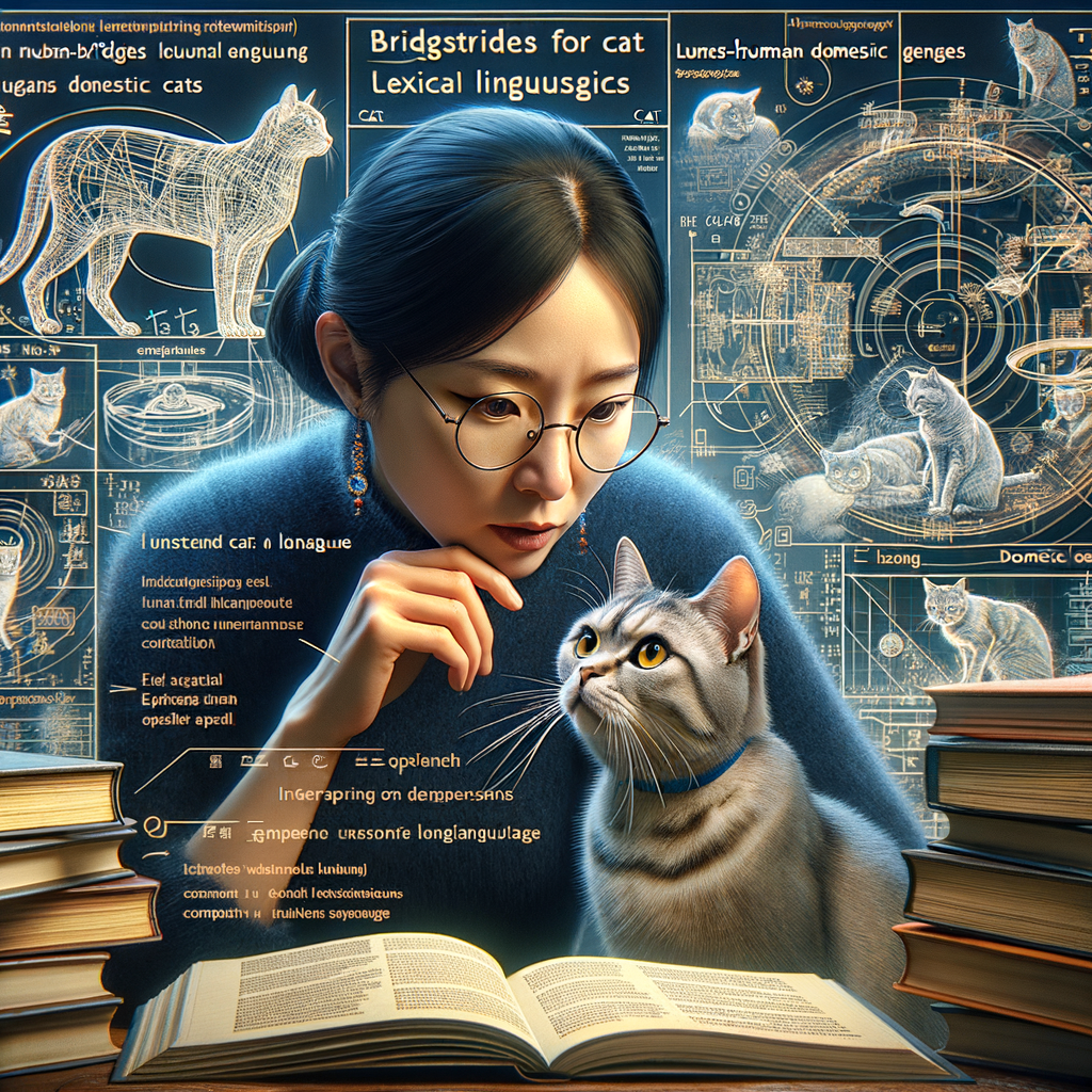Linguist studying feline linguistics and cat-human communication, interpreting cat language and understanding words cats comprehend, symbolizing the translation of human language to cats.