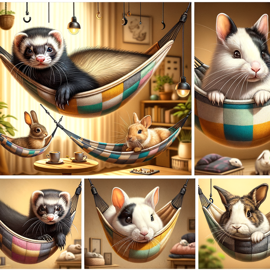 Small pets like ferrets and rabbits comfortably lounging in cat hammocks, showcasing the versatility of using cat hammocks for other pets.