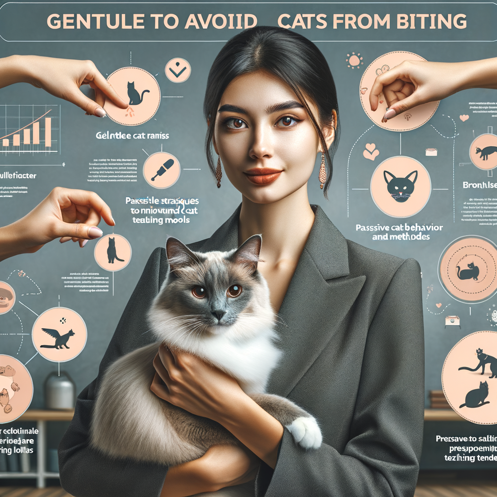 Professional cat trainer demonstrating gentle teaching methods for cat biting prevention, using non-aggressive cat training tools and techniques, with infographics explaining cat behavior modification strategies and understanding cat biting behavior.