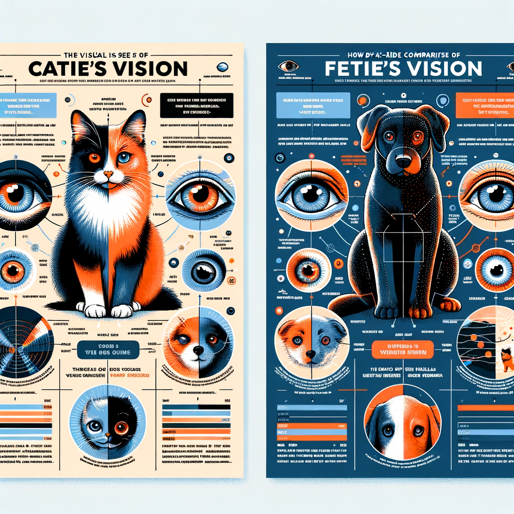 Infographic comparing cat vision vs dog vision and other animals, highlighting unique features and differences in feline eyesight and visual perception in various light conditions.