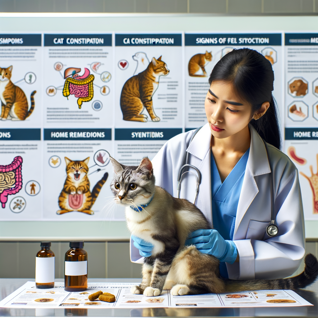 Veterinarian examining distressed cat, with visual aids on feline constipation symptoms, cat constipation signs, and remedies, educating on how to tell if your cat is constipated and cat bowel blockage symptoms.