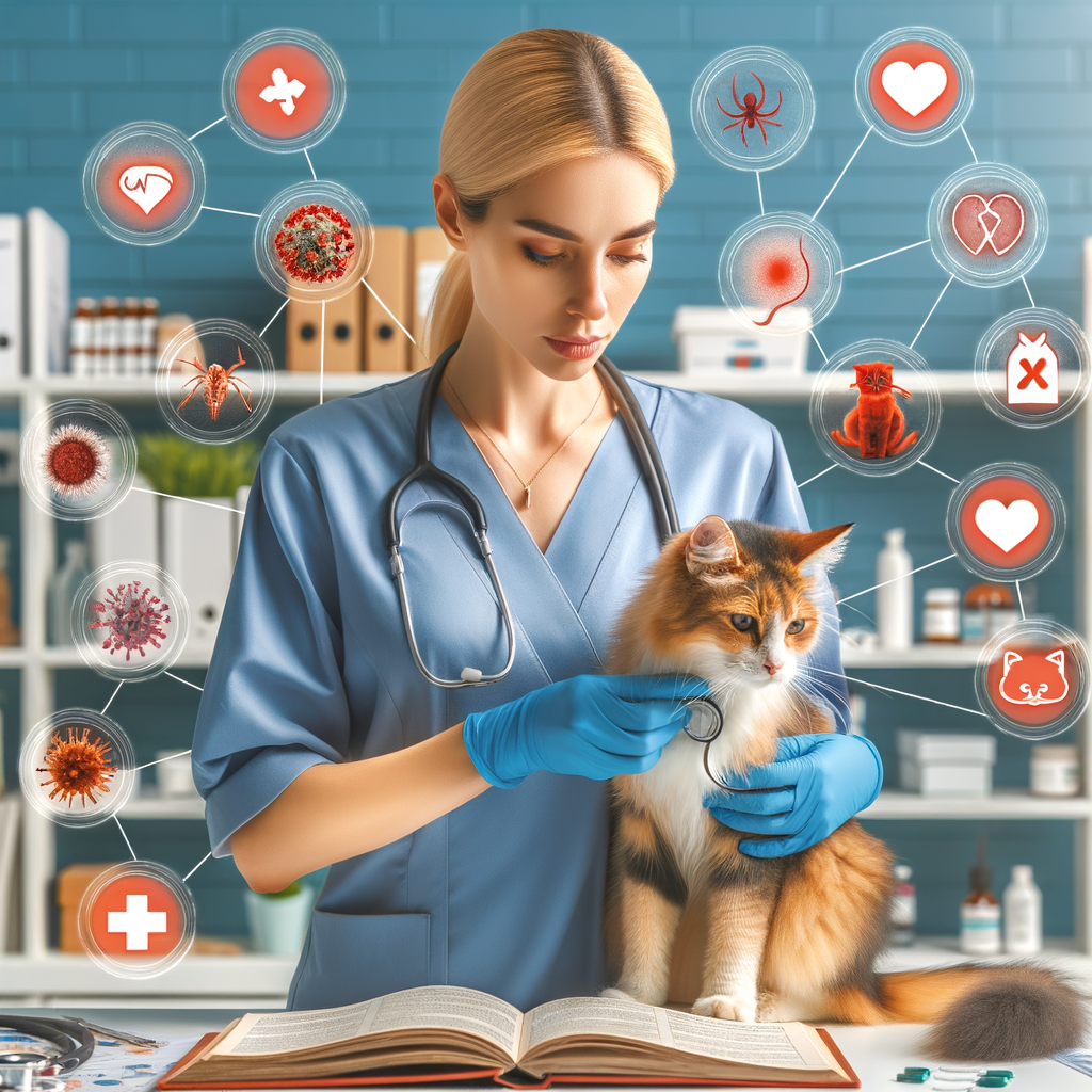 Veterinarian examining a sick cat, with icons of cat illness signs, a comprehensive cat health guide, and a magnifying glass emphasizing the importance of recognizing sick cat behavior and understanding cat illnesses.