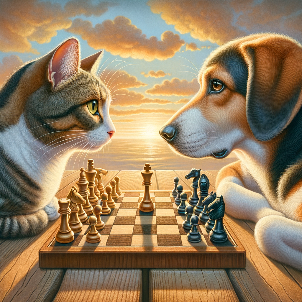Cat and dog engaging in a chess game, illustrating the Cats vs Dogs Intelligence debate and questioning 'Are Cats Really Smarter?' in a balanced comparison of Cat Intelligence vs Dog Intelligence.