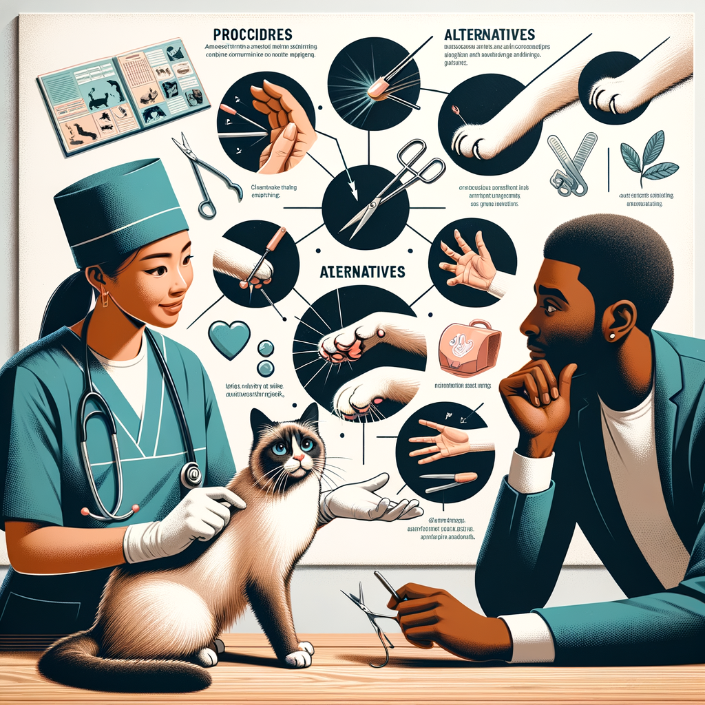 Veterinarian discussing cat declawing pros and cons, declawing surgery effects, and alternatives to declawing like cat nail caps, scratching posts, and behavior modification, highlighting the cat declawing controversy.