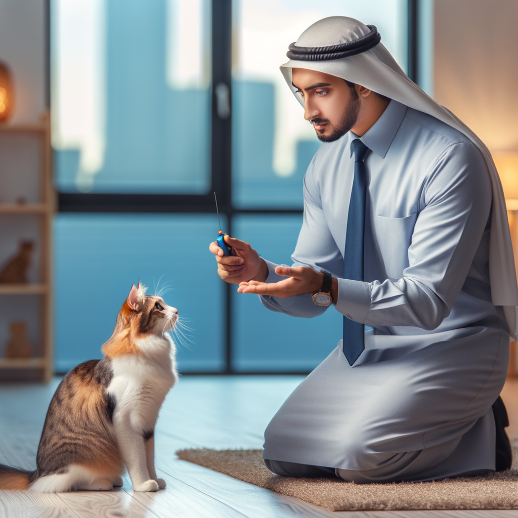 Professional cat trainer demonstrating effective cat communication and training methods, teaching verbal commands to an attentive cat, symbolizing cat-human interaction and understanding cat behavior.
