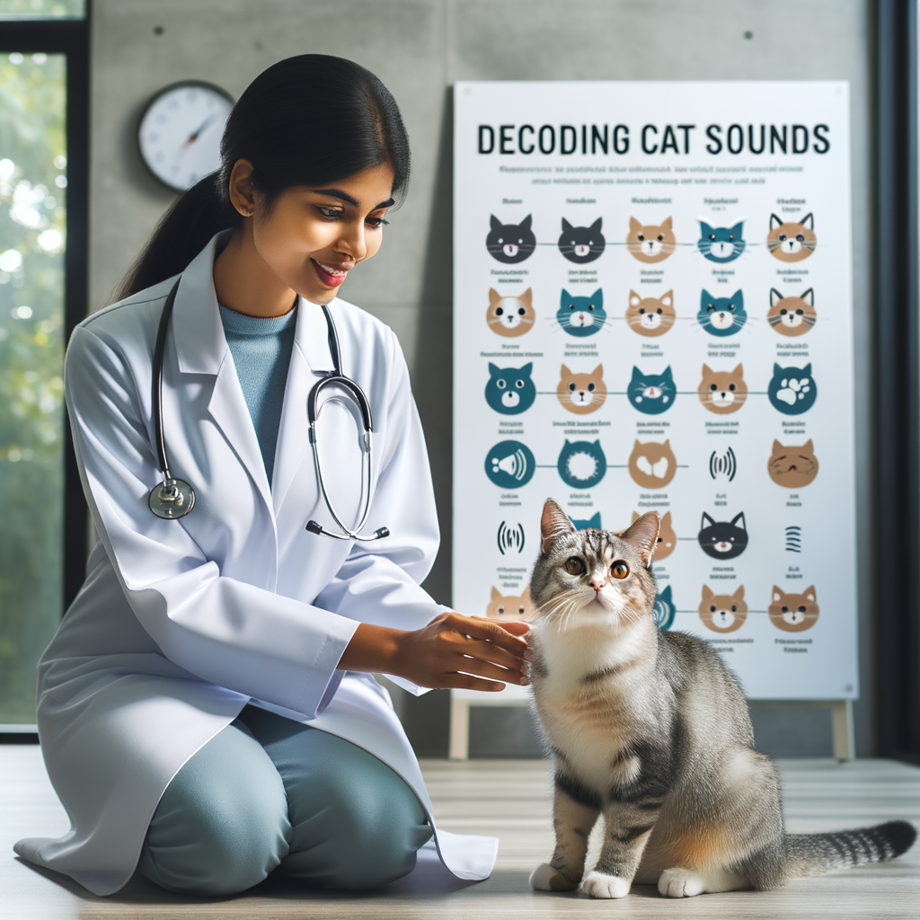 Veterinarian interpreting cat meows and purrs using a 'Decoding Cat Sounds' chart in a clinic, demonstrating understanding of cat communication and behavior for better interpretation of cat vocalizations.