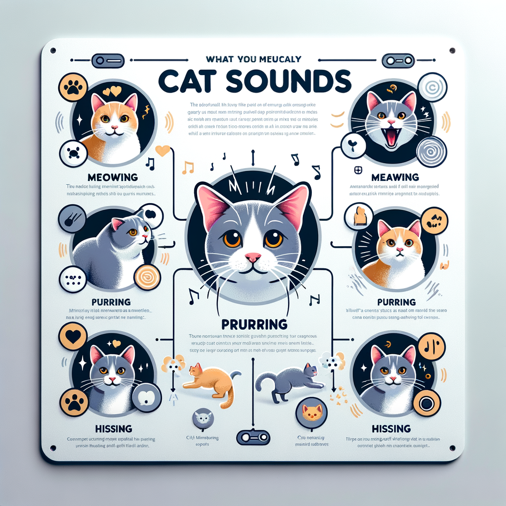 Infographic illustrating various cat sounds like meowing, purring, and hissing with explanations, aiding in understanding cat sounds, cat noises and their meanings, interpreting cat vocalizations, and serving as a comprehensive cat communication guide.