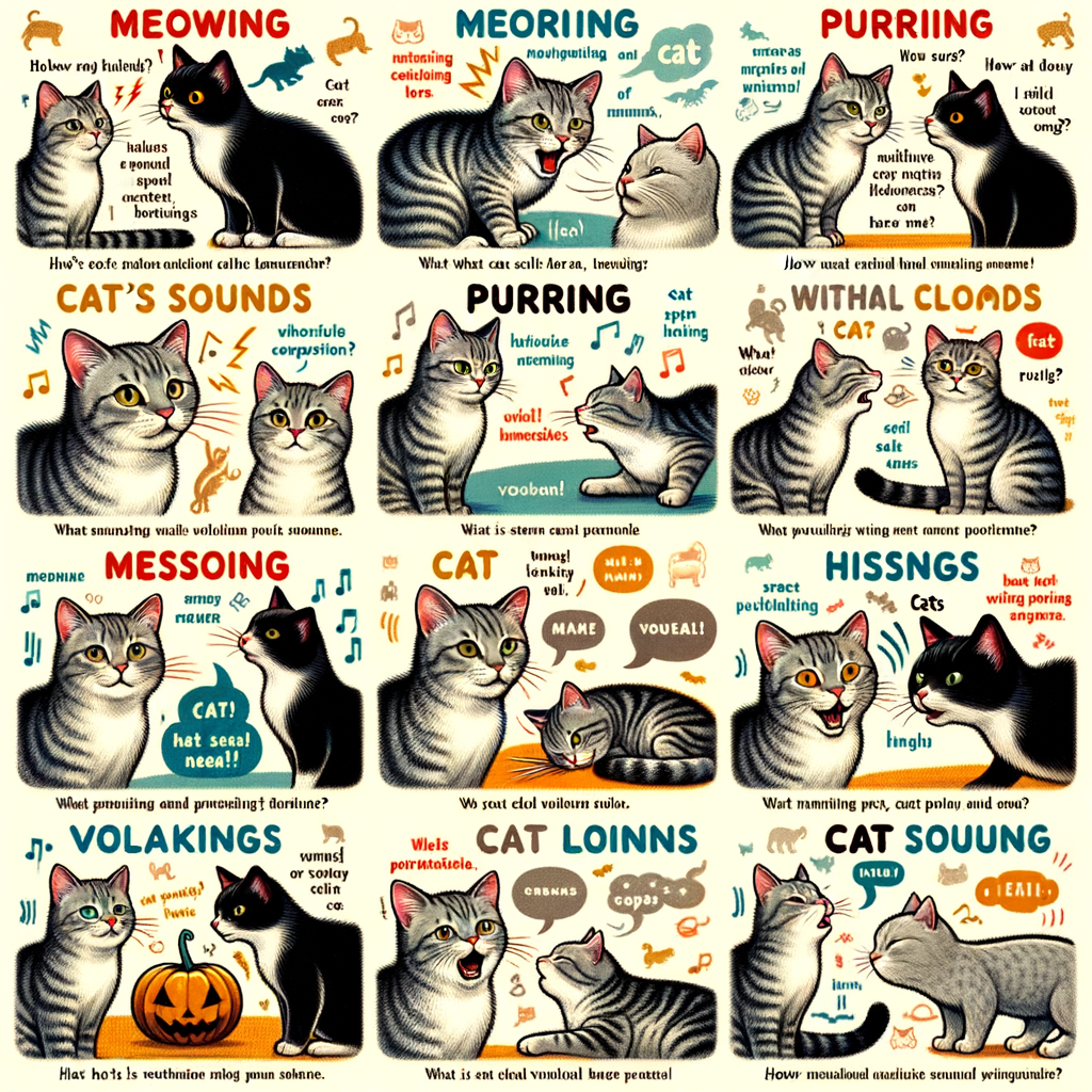 Illustration explaining cat sounds meanings including cat meowing, purring, and hissing interpretations for better understanding of cat communication, behavior, and language.