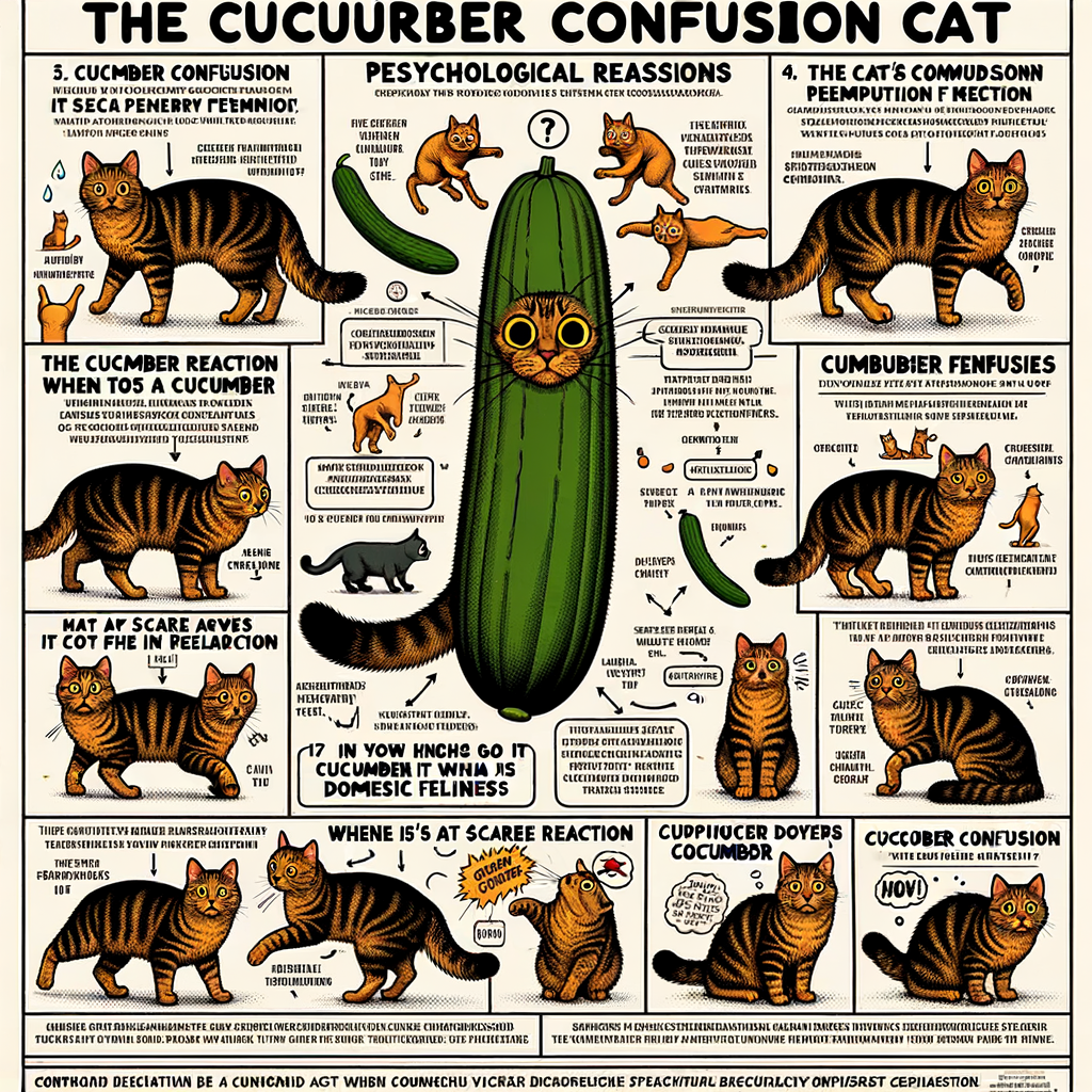 Infographic explaining 'Cucumber Confusion' in cats, showcasing cat fear triggers and cat behavior when encountering cucumbers, aiding in understanding cat fears and why cats fear cucumbers.
