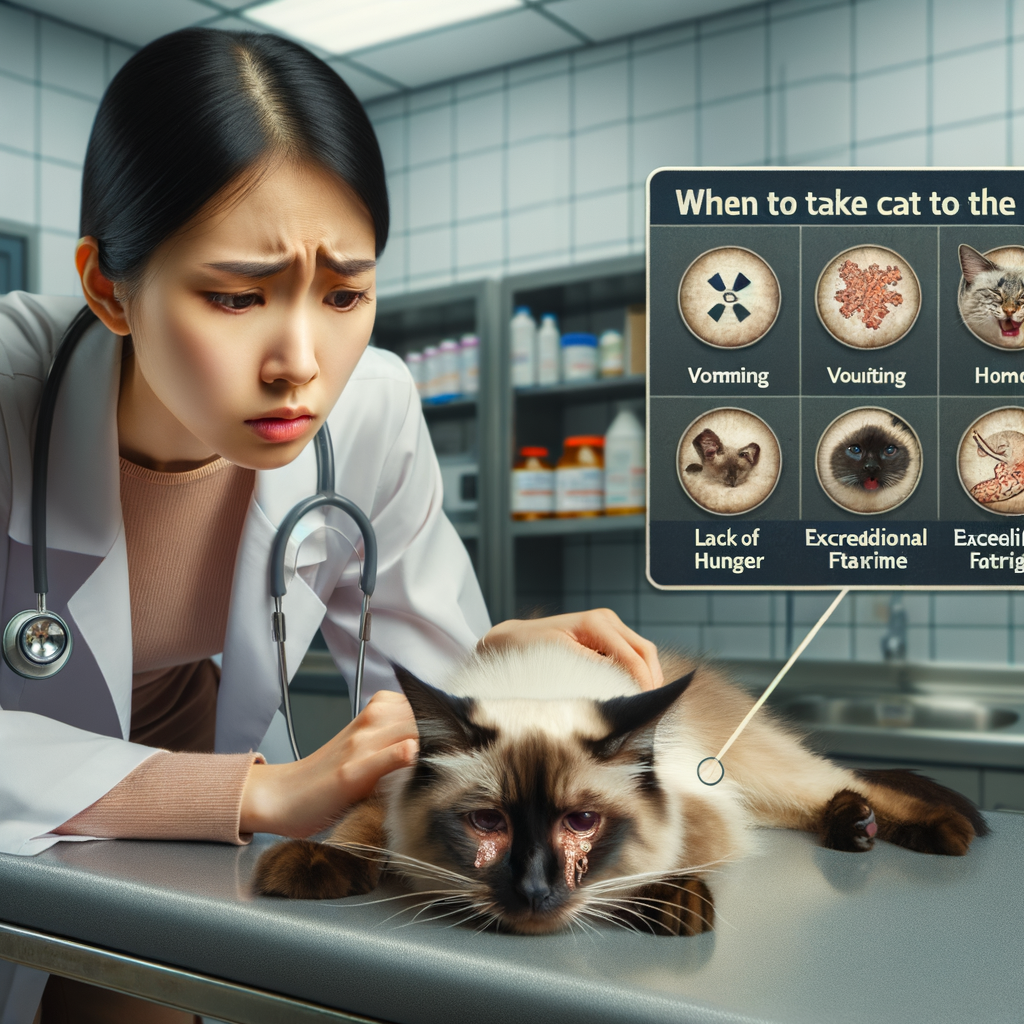 Veterinarian examining distressed cat with common cat illness symptoms like vomiting and lethargy, while worried owner reviews 'When to take cat to vet' checklist, highlighting feline health issues and signs of sick cat