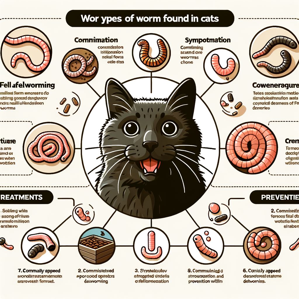 Professional infographic detailing types of worms in cats, cat worm symptoms, worm infection in cats, cat poop worm identification, deworming cats treatment, and prevention methods for feline worm infestation.