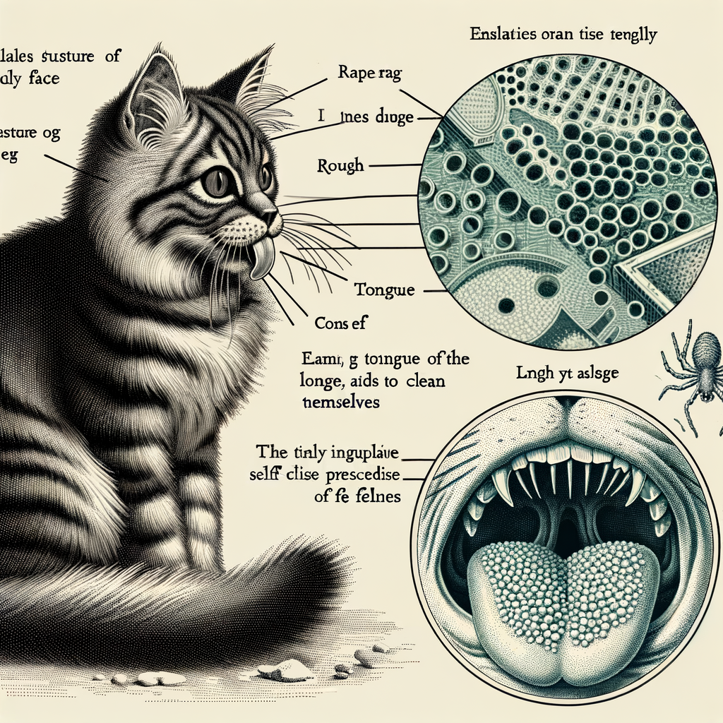 Scientific illustration of a cat self-grooming, highlighting the biology of cat licking behavior and the science behind cat grooming habits, including the structure of the cat's tongue and the self-cleaning process.