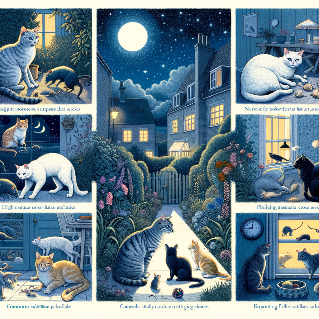 An illustration of nighttime cat activities including hunting, playing, and exploring, highlighting the reasons for feline nocturnal behavior for better understanding of cat behavior at night.