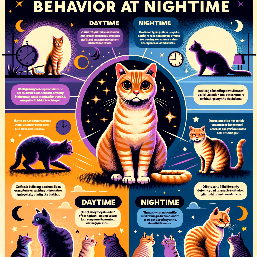 Infographic explaining cat behaviors at night, reasons for cat's nocturnal habits, and understanding nocturnal cat behavior for an article on 'Why do cats act differently at night'.