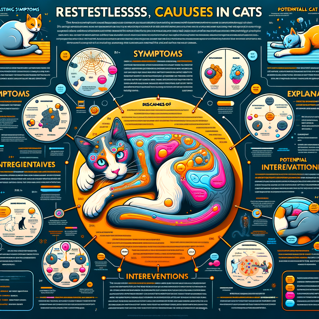 Infographic detailing restless cats symptoms, causes of restless cats, and various treatments for feline restlessness, including visuals of cat behavior problems and solutions for understanding and treating restless cats.