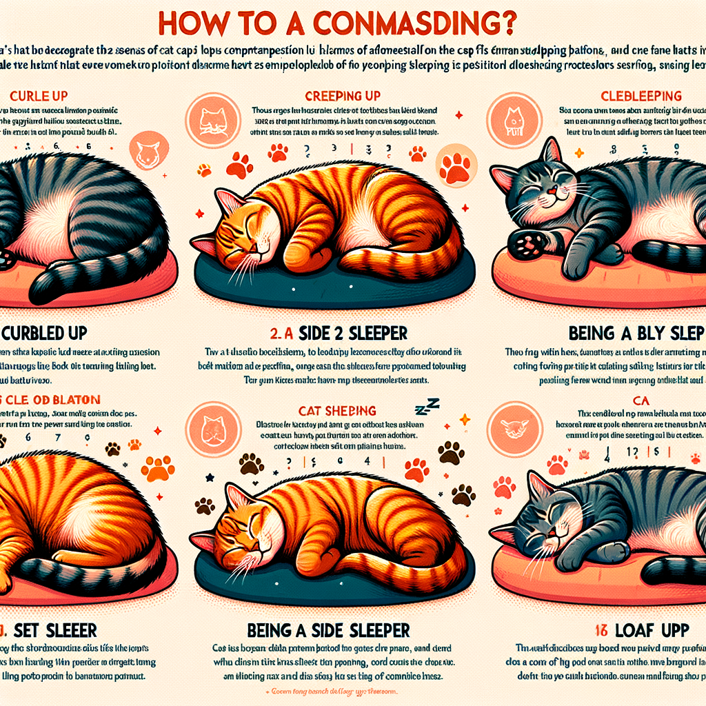 Infographic illustrating the meaning of various cat sleeping positions such as curled up, belly up, side sleeper, and loaf, providing insights into cat behavior, body language, and sleep patterns for a better understanding of cat sleeping habits.