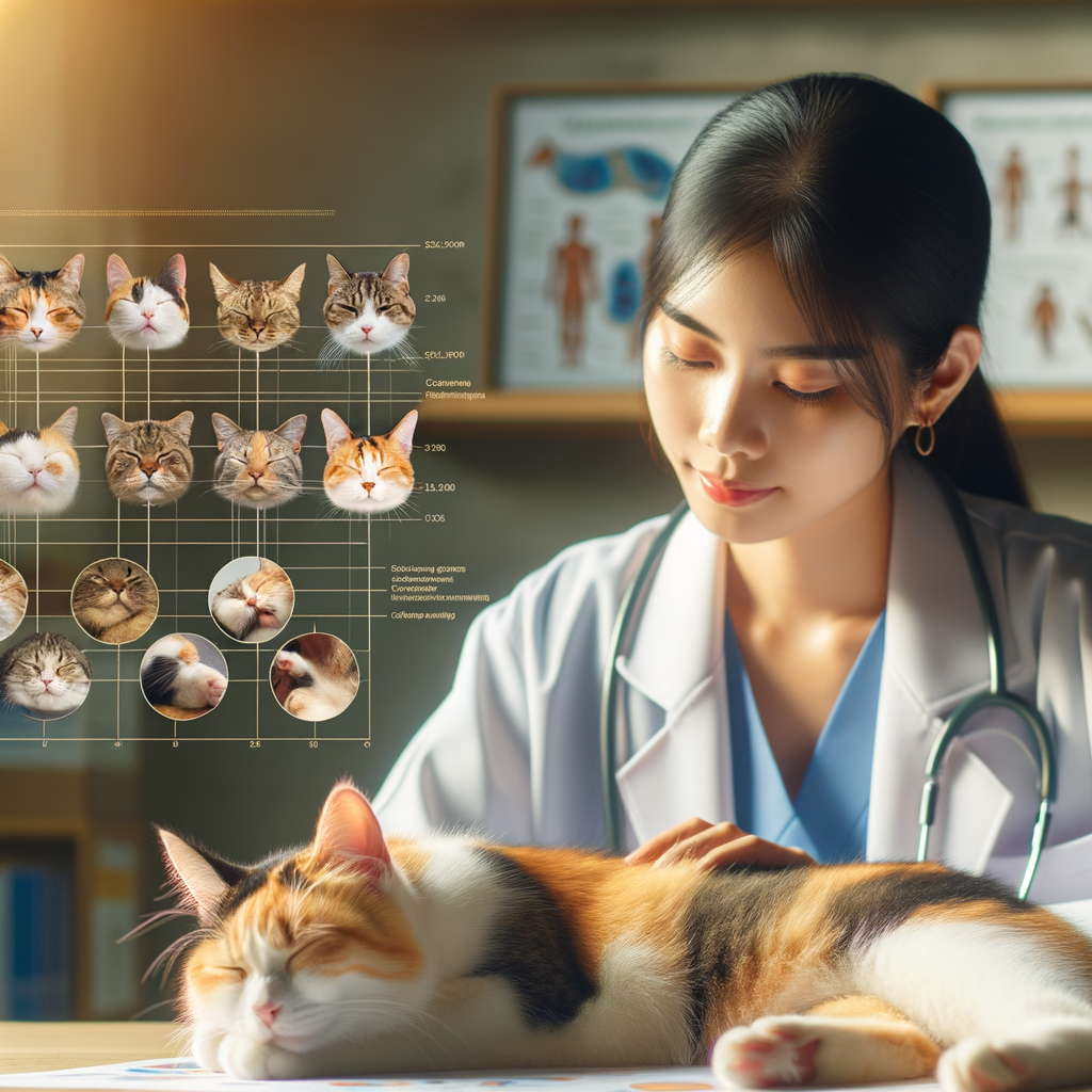 Veterinarian assessing a contented cat's sleep patterns and evaluating its sleep health, illustrating the process of understanding cat sleep behavior for sleep satisfaction in cats.
