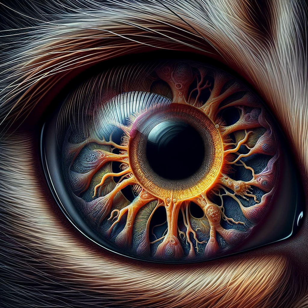 Close-up illustration of a cat's eye highlighting the unique structure and complexity of feline vision, showcasing a cat's eye view of the world, and emphasizing the importance of feline eye health in understanding cat's visual perception.