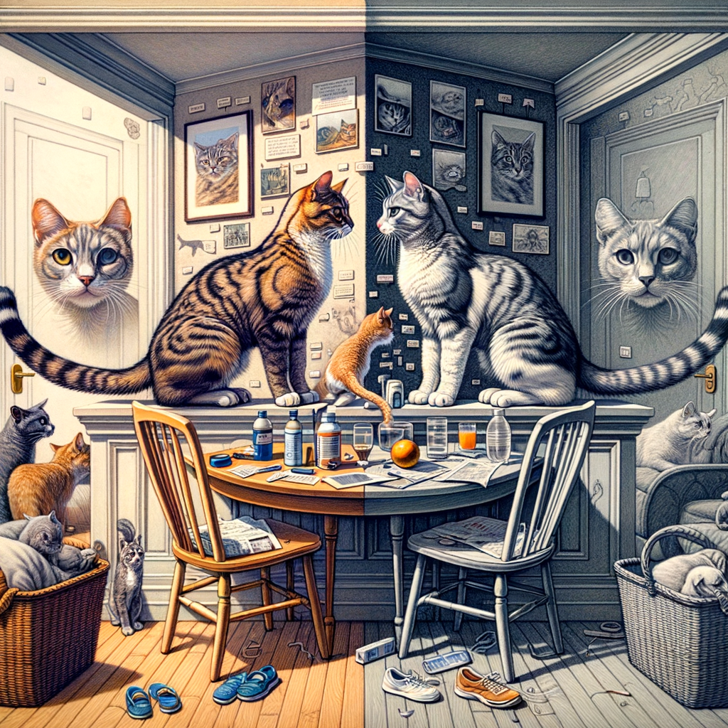 Professional illustration demonstrating the pros and cons of second cat adoption, the impact on the first pet's behavior, and the benefits of cat socialization in a multi-cat household.