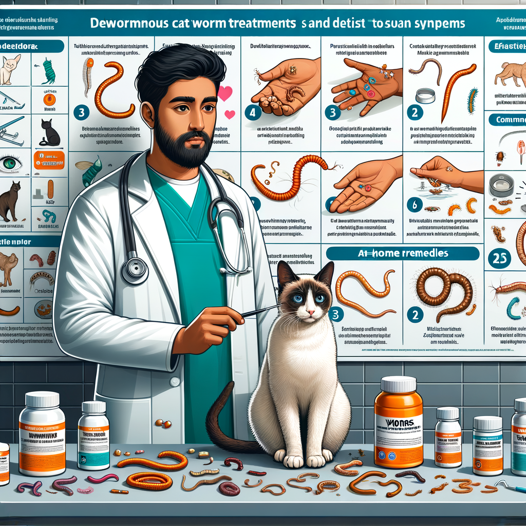 Veterinarian demonstrating cat worm treatment and deworming methods, with visual aids on types of worms in cat feces, symptoms, medications, and home remedies for prevention, contributing to cat health.