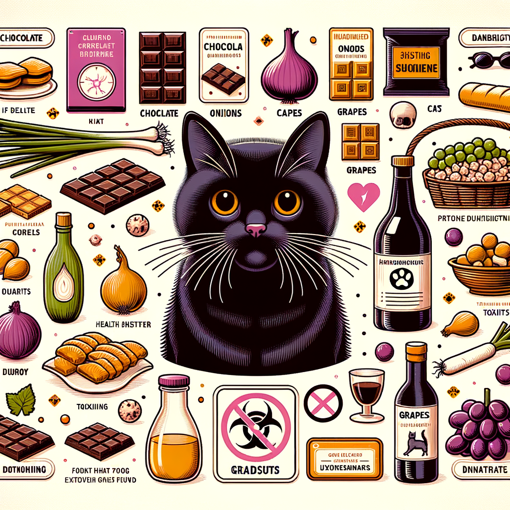 Infographic illustrating toxic foods for cats including chocolate, onions, and grapes, highlighting the risks of feeding cats human food and the danger these harmful foods pose to cat health.