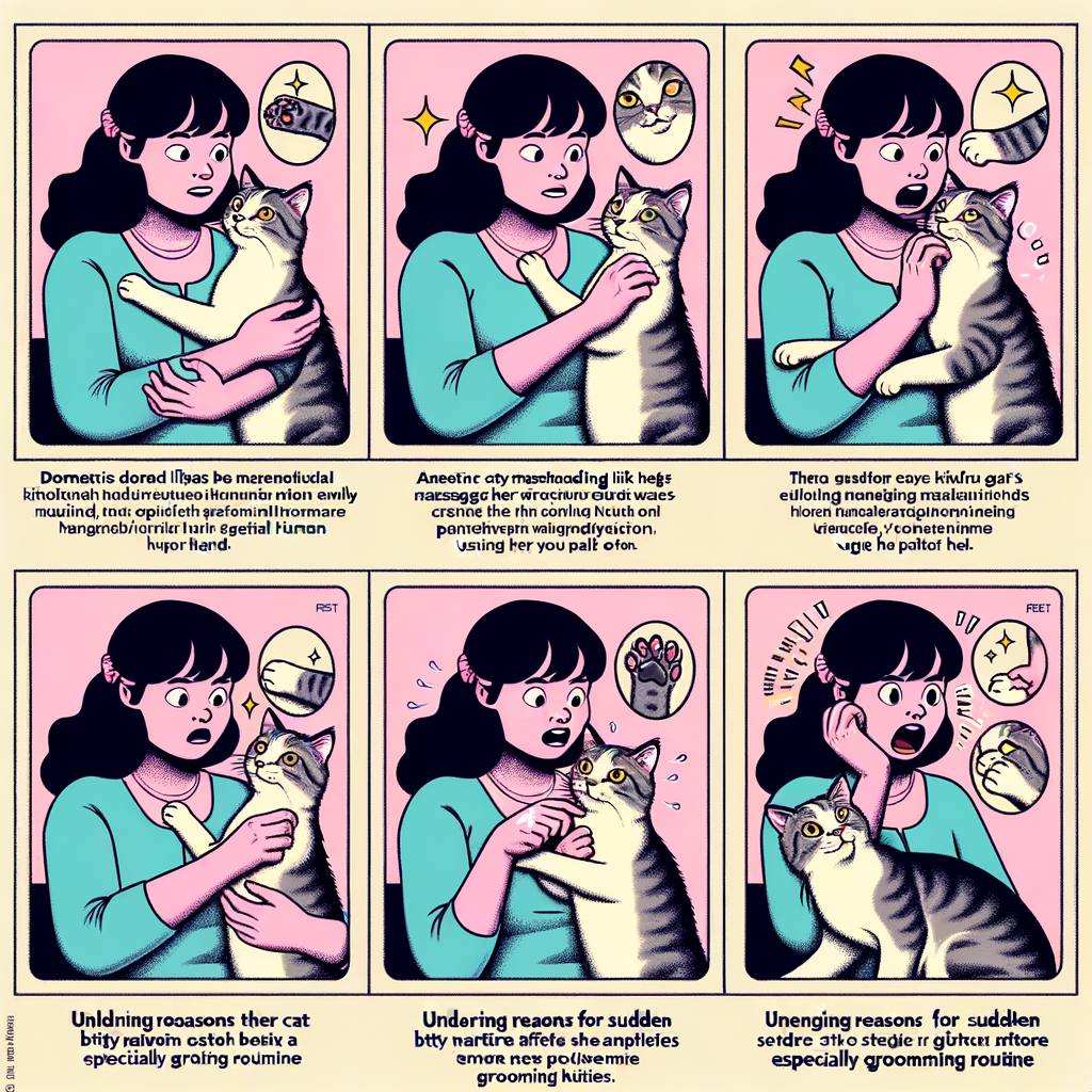 Professional illustration explaining cat grooming behavior, showing stages of a cat grooming its human owner and the sudden bite, highlighting reasons for cat bites and understanding cat behavior, for an article on 'Why Does My Cat Groom Me and Then Bite?'.
