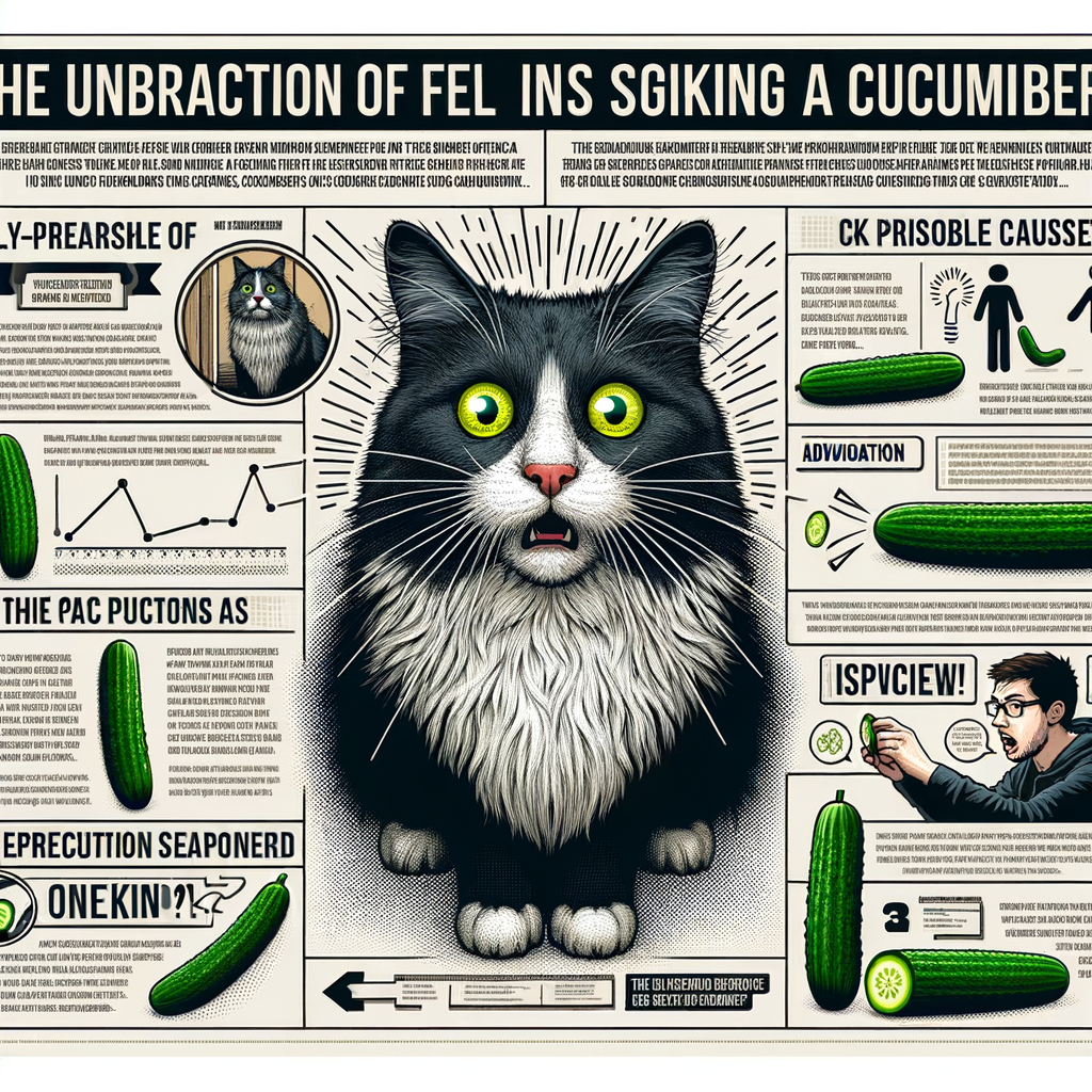 Infographic explaining why cats are scared of cucumbers, illustrating a cat's startled reaction to a cucumber, and addressing concerns about this unusual fear in cats.