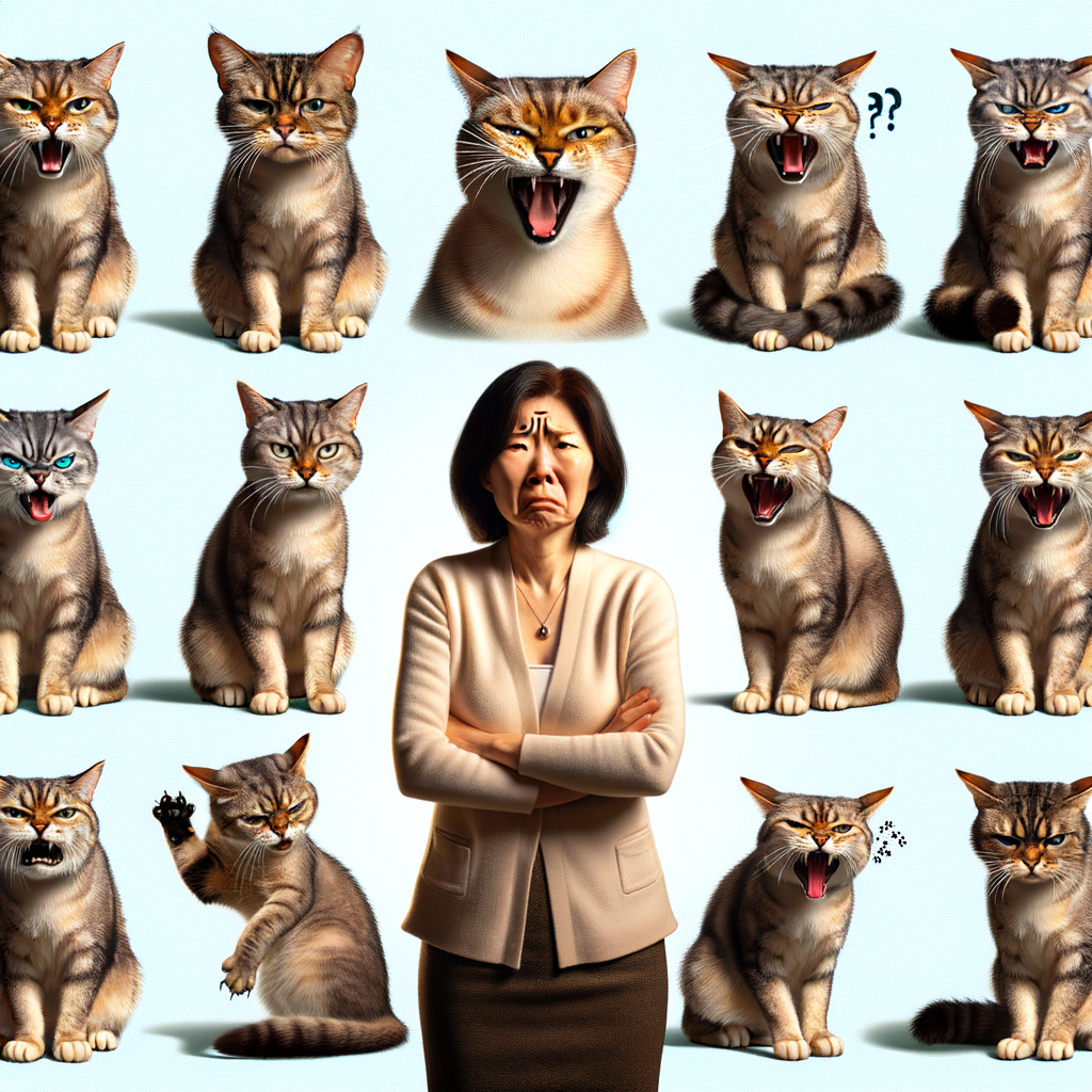 Pet owner analyzing various cat behavior signs such as back turned, hissing, avoiding eye contact, and flattened ears, indicating signs your cat dislikes you, highlighting the importance of understanding cat behavior and interpreting cat actions for potential cat behavior problems, and signs of an unhappy cat.