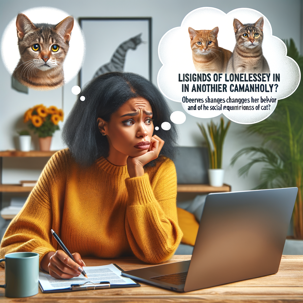 Concerned owner researching signs of loneliness in cats, cat behavior changes, and benefits of adopting a second cat, while her lonely cat visualizes longing for feline companionship