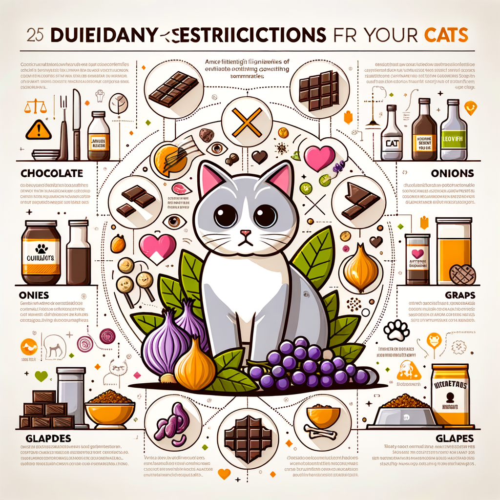 Infographic illustrating cat food restrictions and foods harmful to cats including chocolate, onions, and grapes, providing cat diet guidelines for feeding cats safely and listing harmful cat food ingredients to avoid.