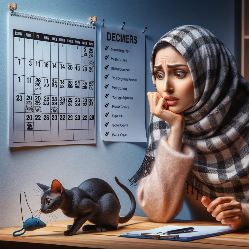 Cat owner calculating cat home alone duration on a calendar, with pet care tips for cat safety and managing cat loneliness and separation anxiety, while cat plays alone nearby.