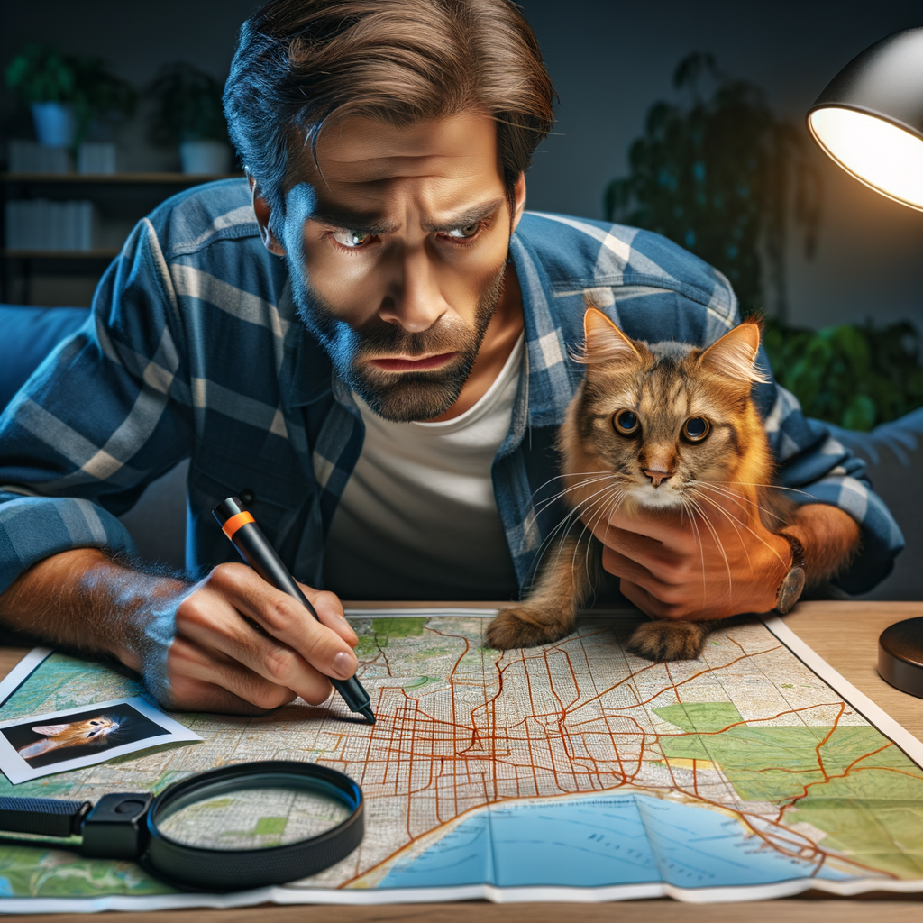 Pet owner urgently strategizing steps to find missing cat using neighborhood map, flashlight, and cat's photo, highlighting the seriousness of a lost pet situation