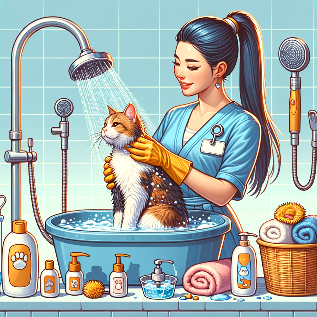 Professional cat groomer bathing a contented cat with cat-friendly bath products, demonstrating how to bathe a cat safely and make cat baths easier, highlighting cat bathing tips, cat grooming, and cat hygiene for an enjoyable bath time.