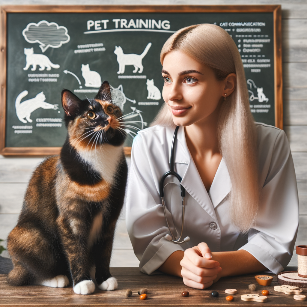 Professional cat trainer teaching name recognition and other cat training techniques, using visual aids for understanding cat behavior and communication, providing pet training tips for cat obedience training.