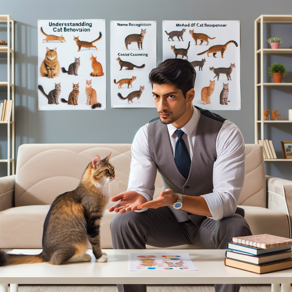 Professional cat trainer demonstrating name recognition and other cat training techniques in a living room, with charts and books about understanding cat behavior and improving cat responsiveness in the background.