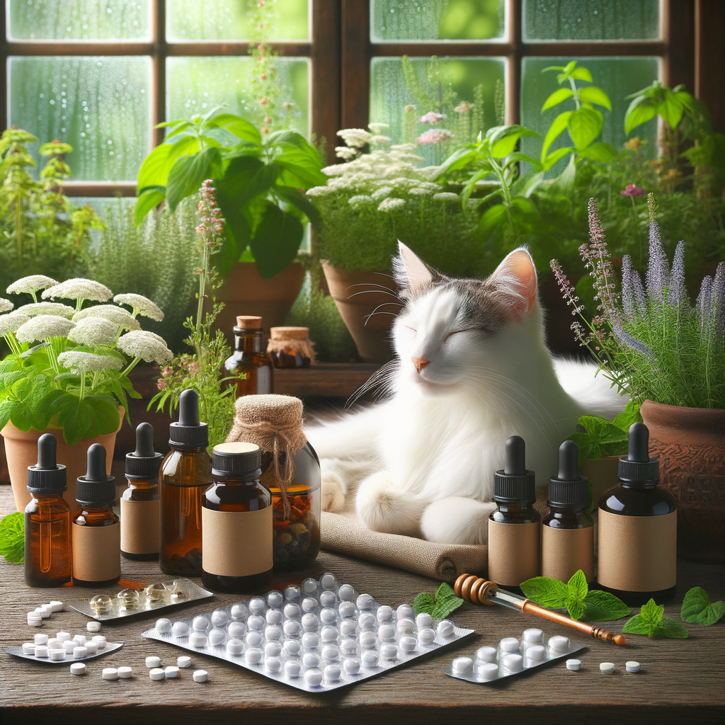 Natural cat anxiety remedies including herbal plants, homeopathic pills, and essential oils displayed on a table, with a relaxed cat symbolizing the effectiveness of these natural treatments in soothing cat anxiety.