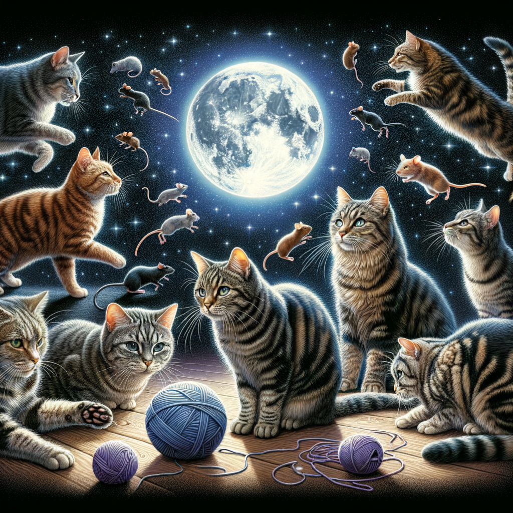 Illustration of cats' nocturnal behavior, depicting cats' night activity like hunting, playing, and exploring, symbolizing the normalcy of cats being active at night under a moonlit sky.