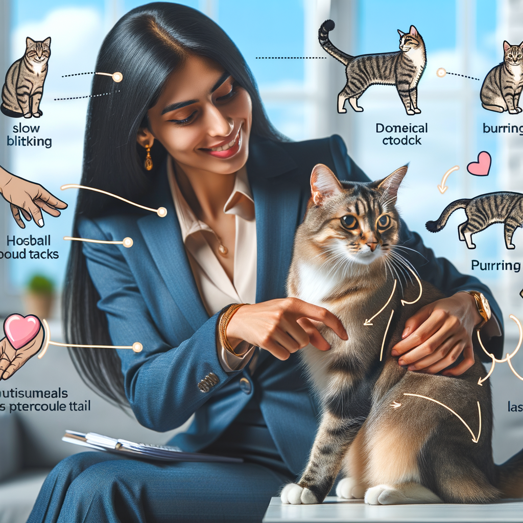 Professional woman demonstrating cat bonding techniques and cat communication methods, expressing affection to a content cat, providing insight into understanding cat behavior and feline love languages.