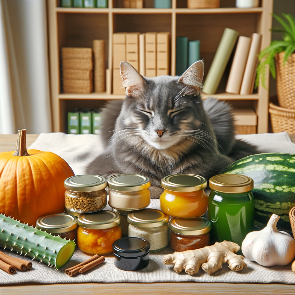 Natural remedies for relieving cat constipation including pumpkin, aloe vera, and ginger root, showcasing a content cat as a symbol of effective home treatments for cat constipation.