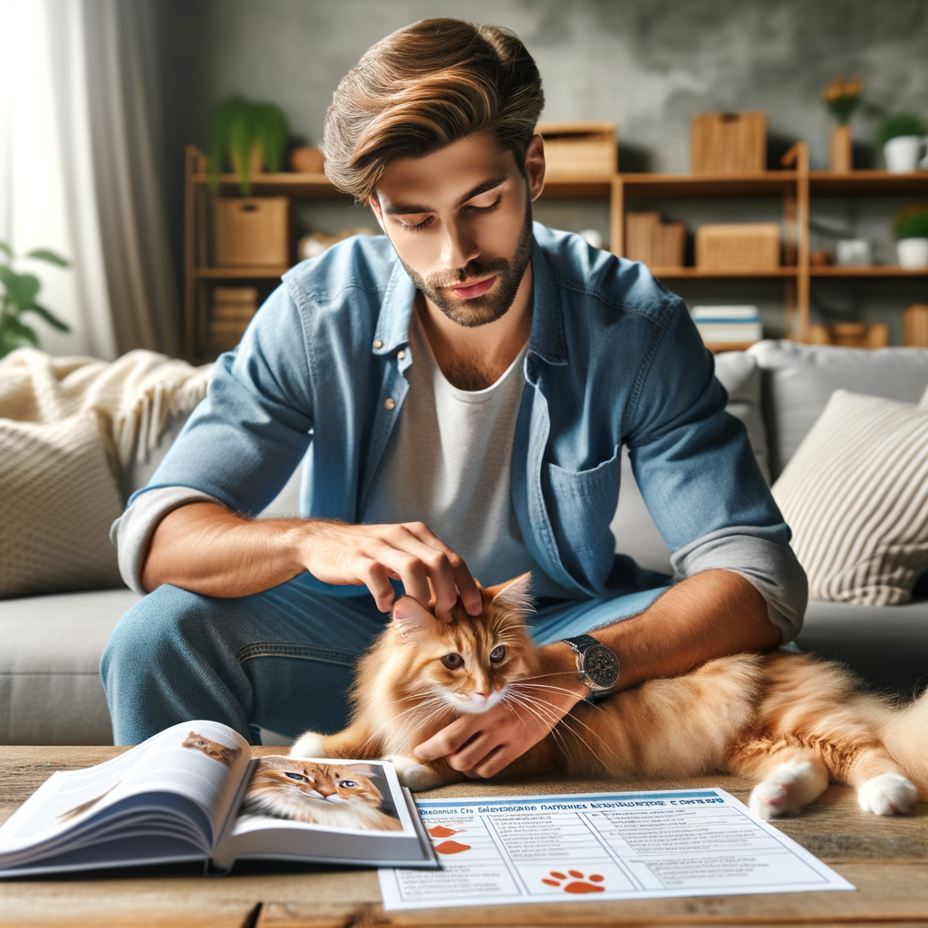 Cat owner showing love and affection to their cat, expressing bonding signs, with a guidebook on understanding cat behavior and a checklist of ways to love your cat for better cat care and affection.