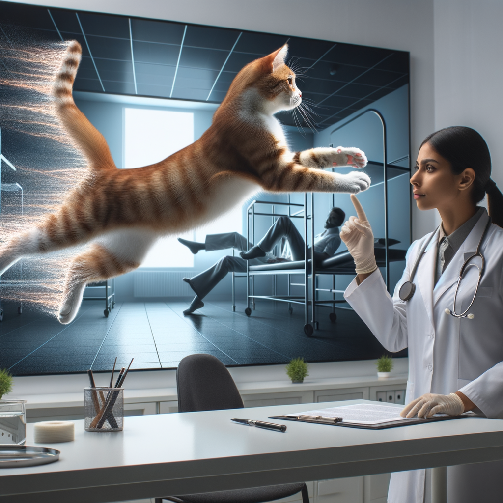 Veterinary doctor examining a cat for potential high fall injuries, illustrating feline pain perception and cat's survival behavior of landing on their feet during falls from heights