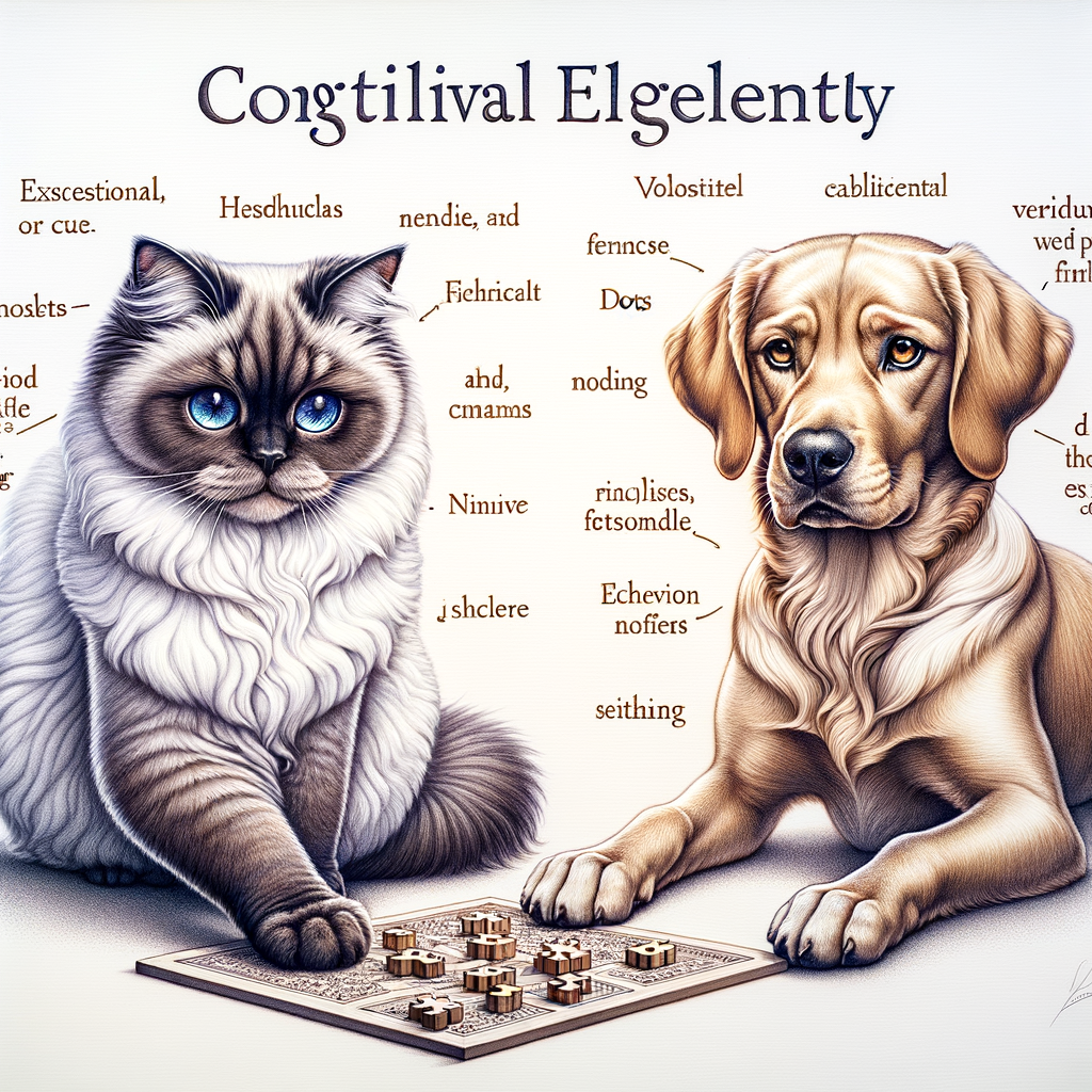 Intelligent cat solving puzzle and dog responding to commands, demonstrating feline and canine intelligence, debunking myths about cats and dogs, and comparing their behaviors for a deeper understanding of pet intelligence.