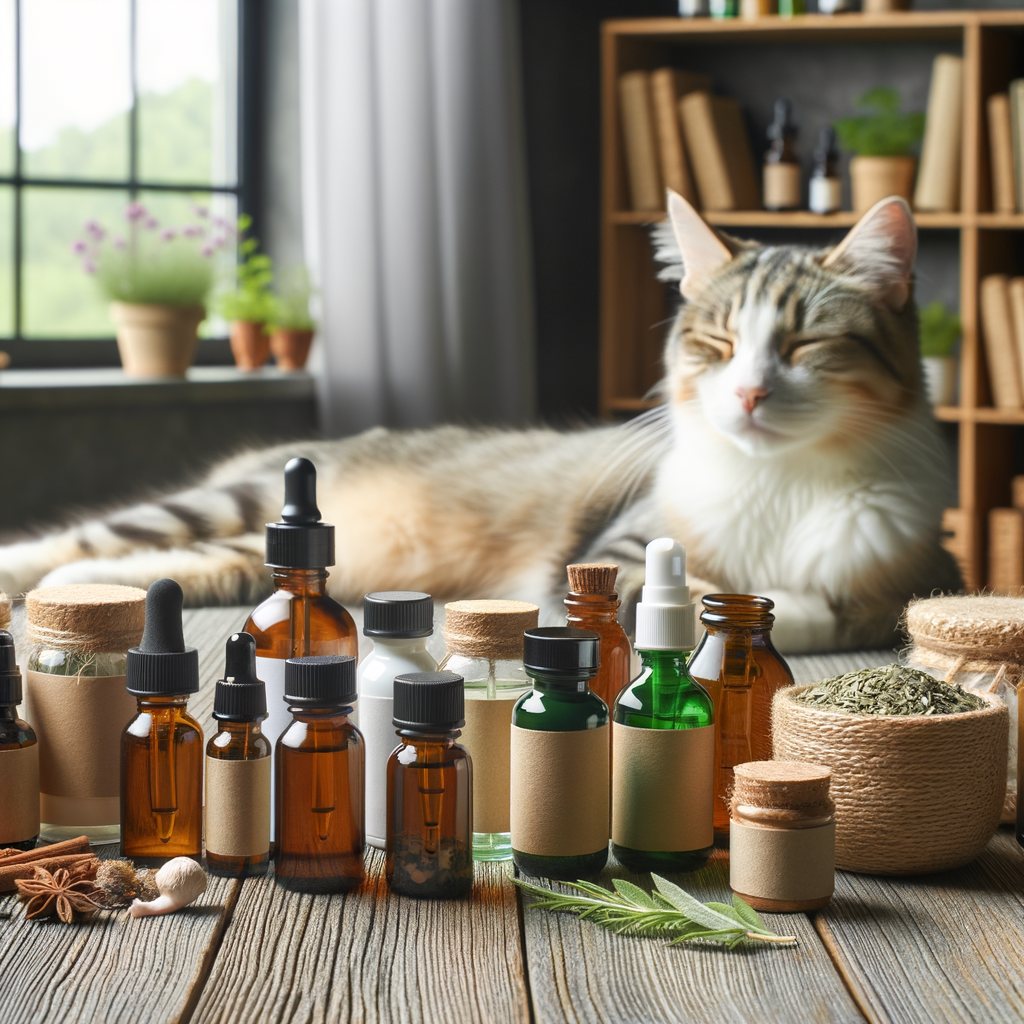 Anxious cat calming down after receiving natural cat sedatives including herbal extracts, organic sprays, and home remedies for anxiety relief, all displayed on a wooden table.
