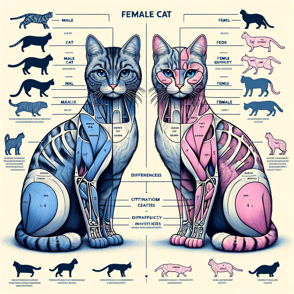 Infographic comparing male vs female cats' anatomy, highlighting physical characteristics and gender differences for easy cat gender identification.