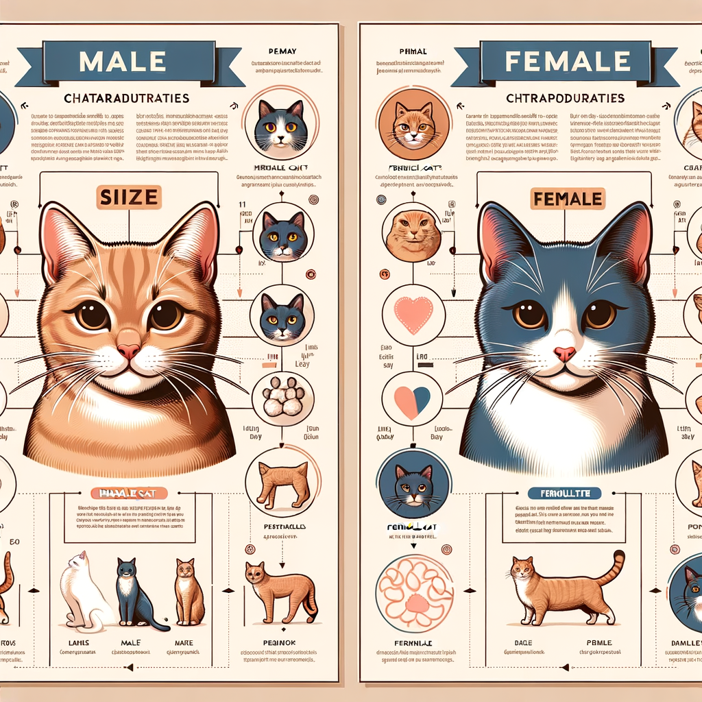 Infographic comparing physical traits of male vs female cats, highlighting differences in size, facial features, and body shape for easy cat gender identification.