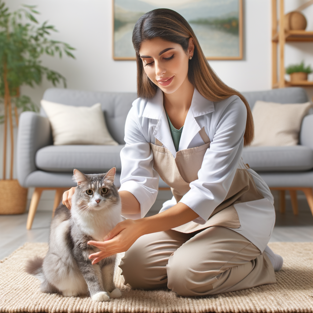 Professional cat trainer demonstrating effective cat training techniques and behavior modification methods to prevent cat biting in a home setting, providing practical cat biting solutions and tips on how to train cats not to bite.