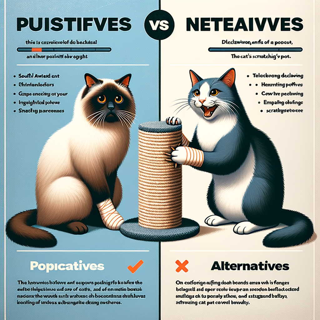 Distressed cat with bandaged paw illustrating the controversy and effects of declawing cats, and happy cat using a scratching post as an alternative to declawing, with a background of pros and cons list affecting cat behavior and health, and cat care tips.