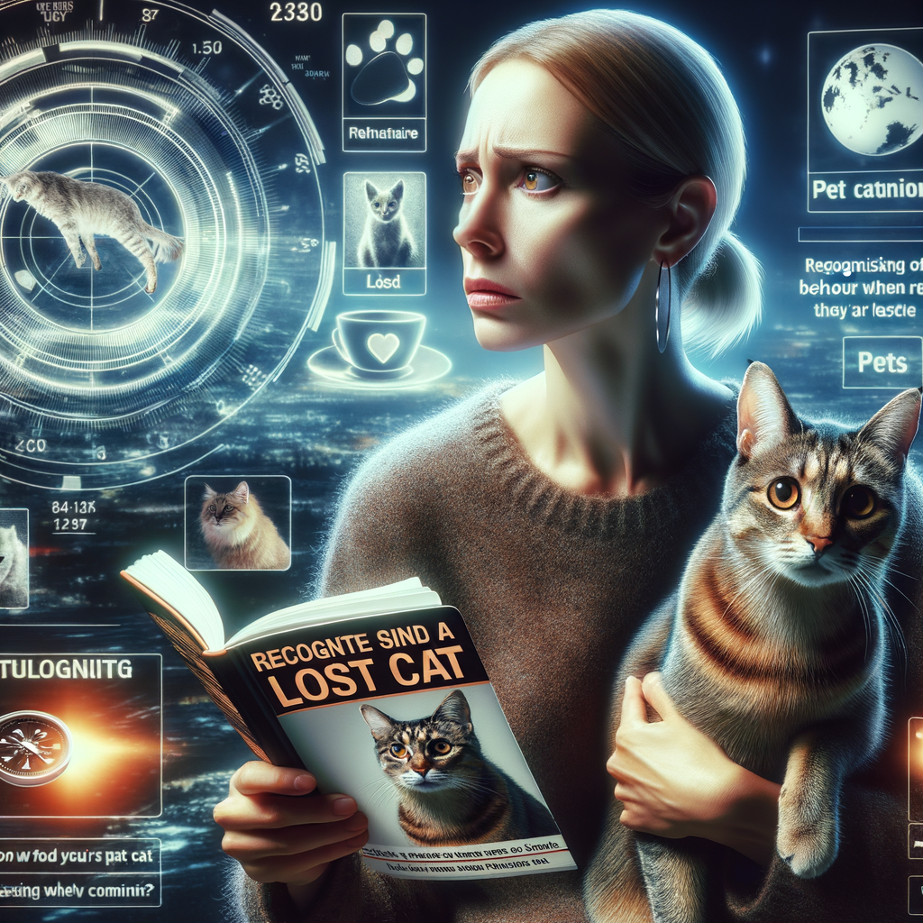 Distressed pet owner employing cat tracking methods and studying lost cat behavior for a successful missing cat search, with a guidebook on 'How to find a lost cat' and tips to locate missing cat.