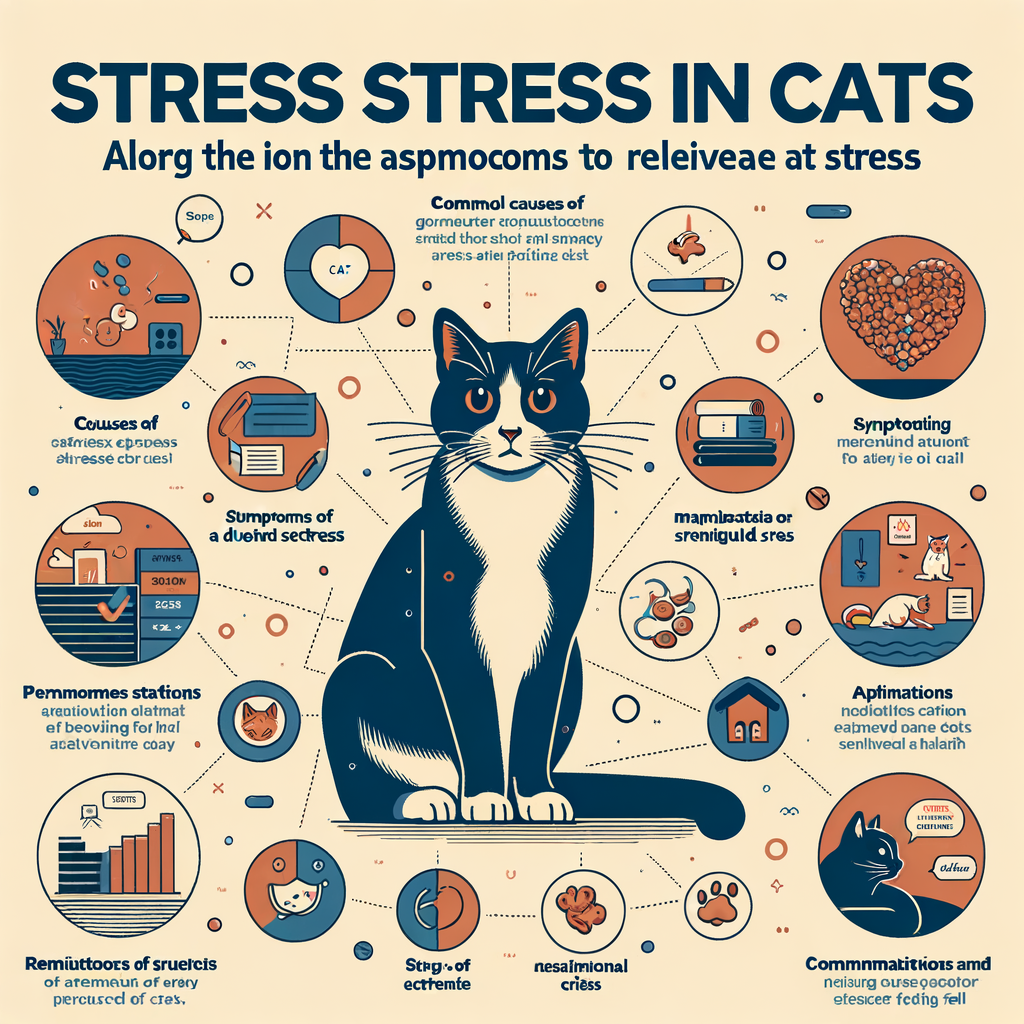 Infographic detailing common cat stressors, symptoms of cat anxiety, and methods for minimizing cat stress, aimed at understanding cat behavior and promoting effective cat stress management and relief.