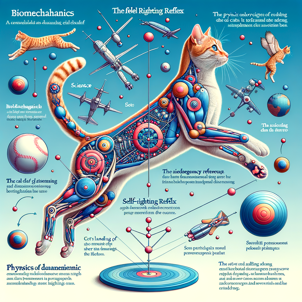 Scientific illustration of cat landing physics, showcasing feline righting reflex, cat's balance science, and the biomechanics of cat landing for understanding how cats always land on their feet.